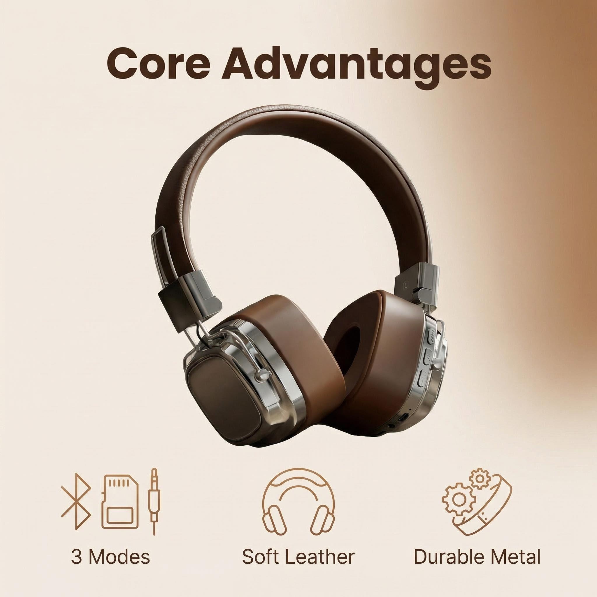 Retro Gaming Headset - Retro Skórzane Słuchawki Nauszne Bezprzewodowe Bluetooth