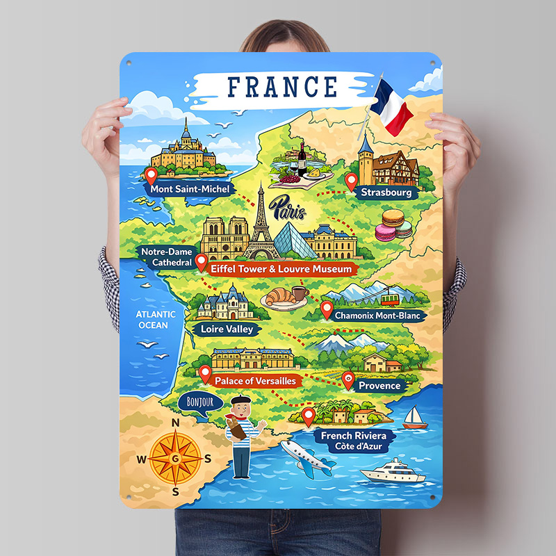Retro Gaming France - Mapa Francji, kreskówkowy metalowy plakat, personalizowana